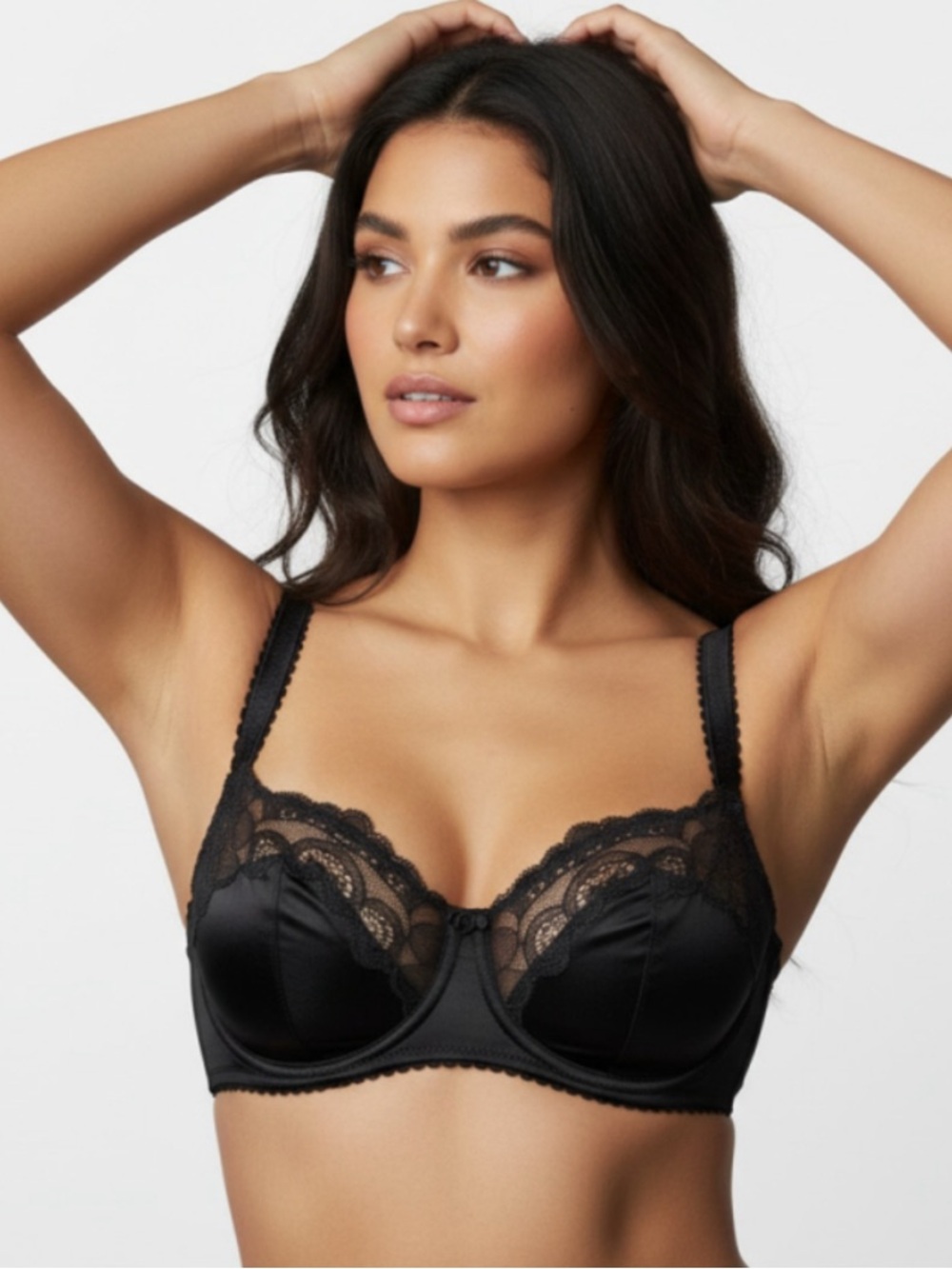 Skims Kim Kardashian Stretch Satin Lace Unlined Balconette Bra in Black Onyx 32C